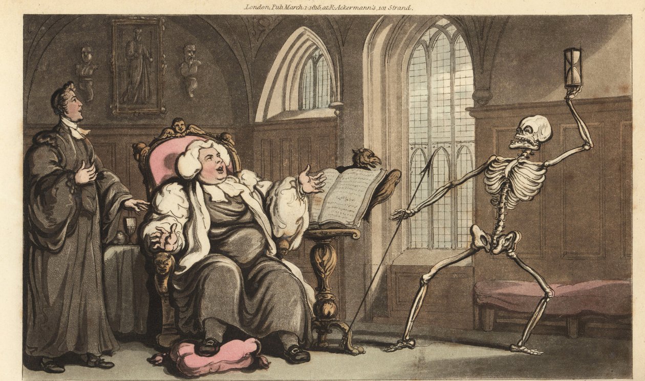Dødens skjelett kommer for biskopen i klosteret, mens han leser Bibelen på en talerstol og hviler giktfoten på en pute. Håndfarget kobberplate tegnet og gravert av Thomas Rowlandson fra The English Dance of Death, Ackermann, London av Thomas Rowlandson