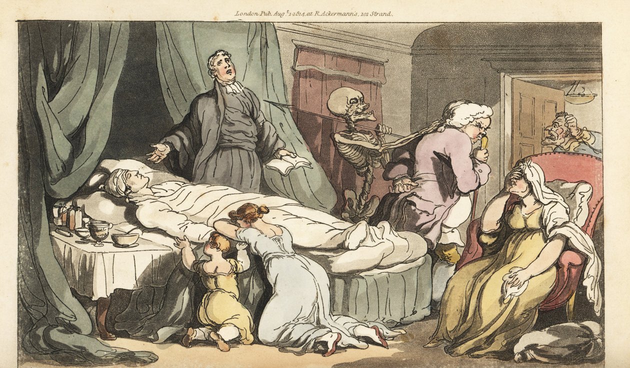 Dødens skjelett kommer for doktoren, mens presten ber over den døde kroppen til en god mann som sørget av hans kone og barn. Håndfarget kobberplate tegnet og gravert av Thomas Rowlandson fra The English Dance of Death, Ackermann, London av Thomas Rowlandson