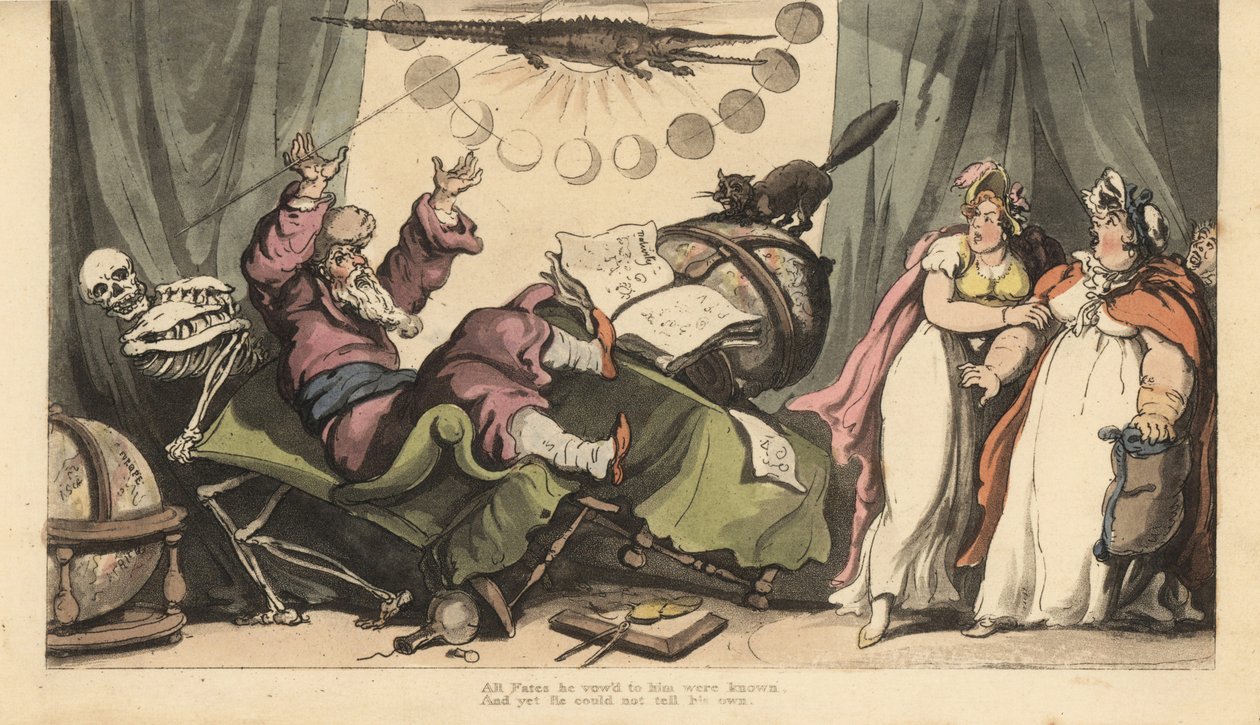 Dødens skjelett kommer for spåkonen på rommet hans dekorert med planetkloder, astrologibøker og krokodille. To dameklienter ser forskrekket på. Håndfarget kobberplate tegnet og gravert av Thomas Rowlandson fra The English Dance of Dea av Thomas Rowlandson