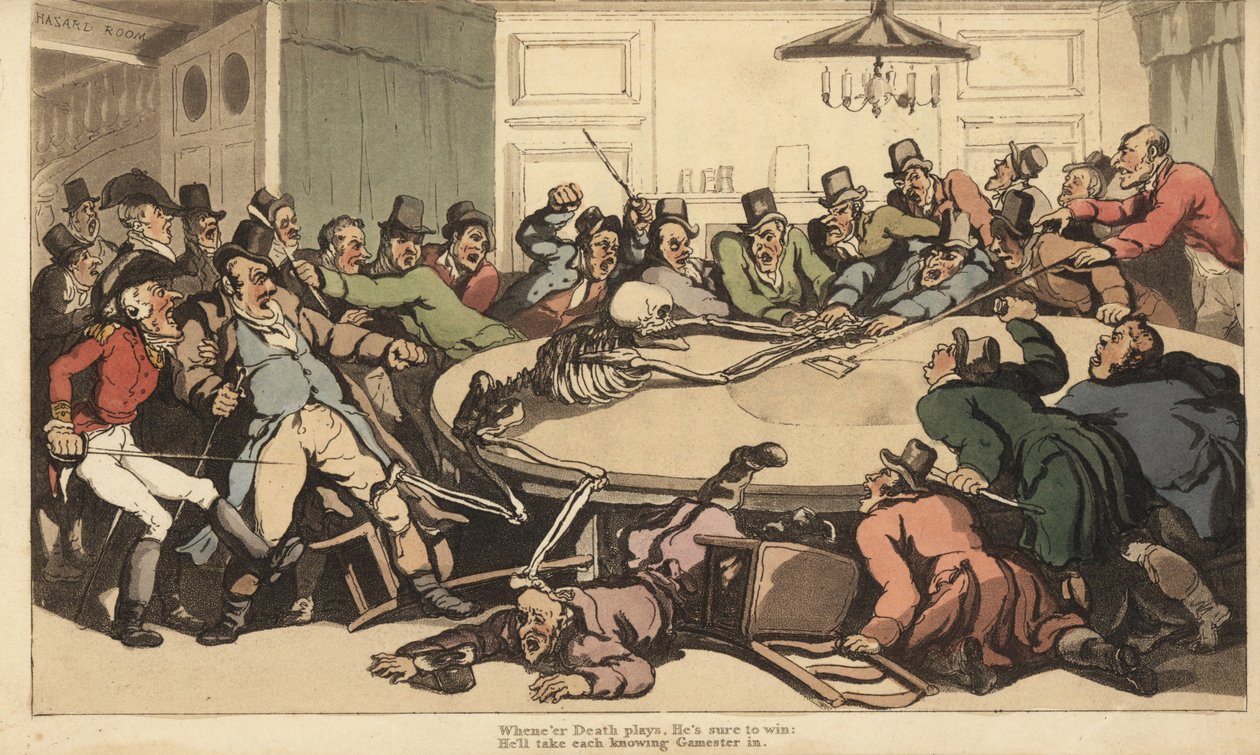 Skjelettet til Døden slåss med gentlemen-gamblere i Chance-rommet på en spilleklubb i London. Håndfarget kobberplate tegnet og gravert av Thomas Rowlandson fra The English Dance of Death, Ackermann, London av Thomas Rowlandson