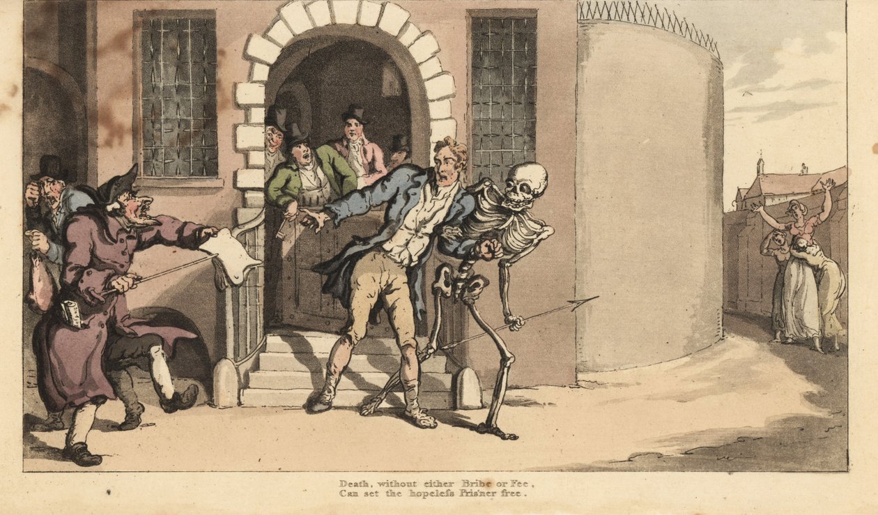 Dødens skjelett frigjør en fange fra skyldnerens fengsel foran hans fortvilte familie. Håndfarget kobberplate tegnet og gravert av Thomas Rowlandson fra The English Dance of Death, Ackermann, London av Thomas Rowlandson