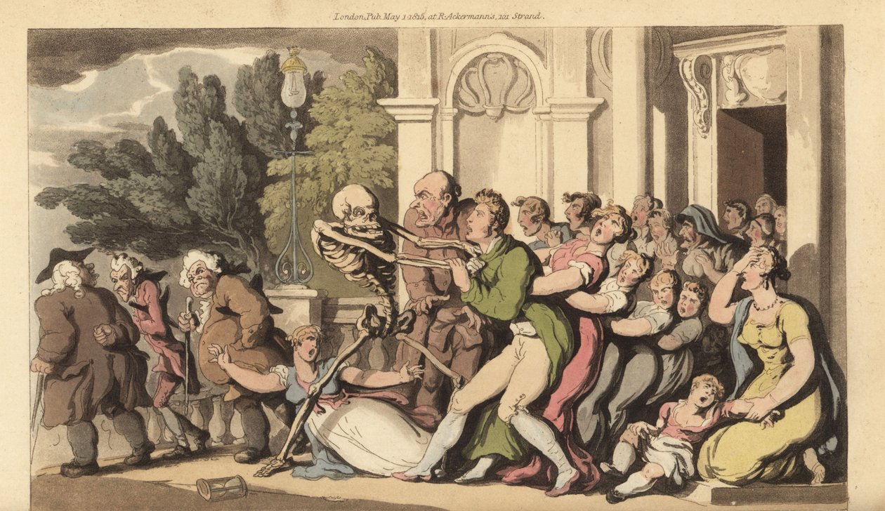 Dødens skjelett griper en far i kragen, mens hans kone og barn desperat prøver å redde ham. Håndfarget kobberplate tegnet og gravert av Thomas Rowlandson fra The English Dance of Death, Ackermann, London av Thomas Rowlandson