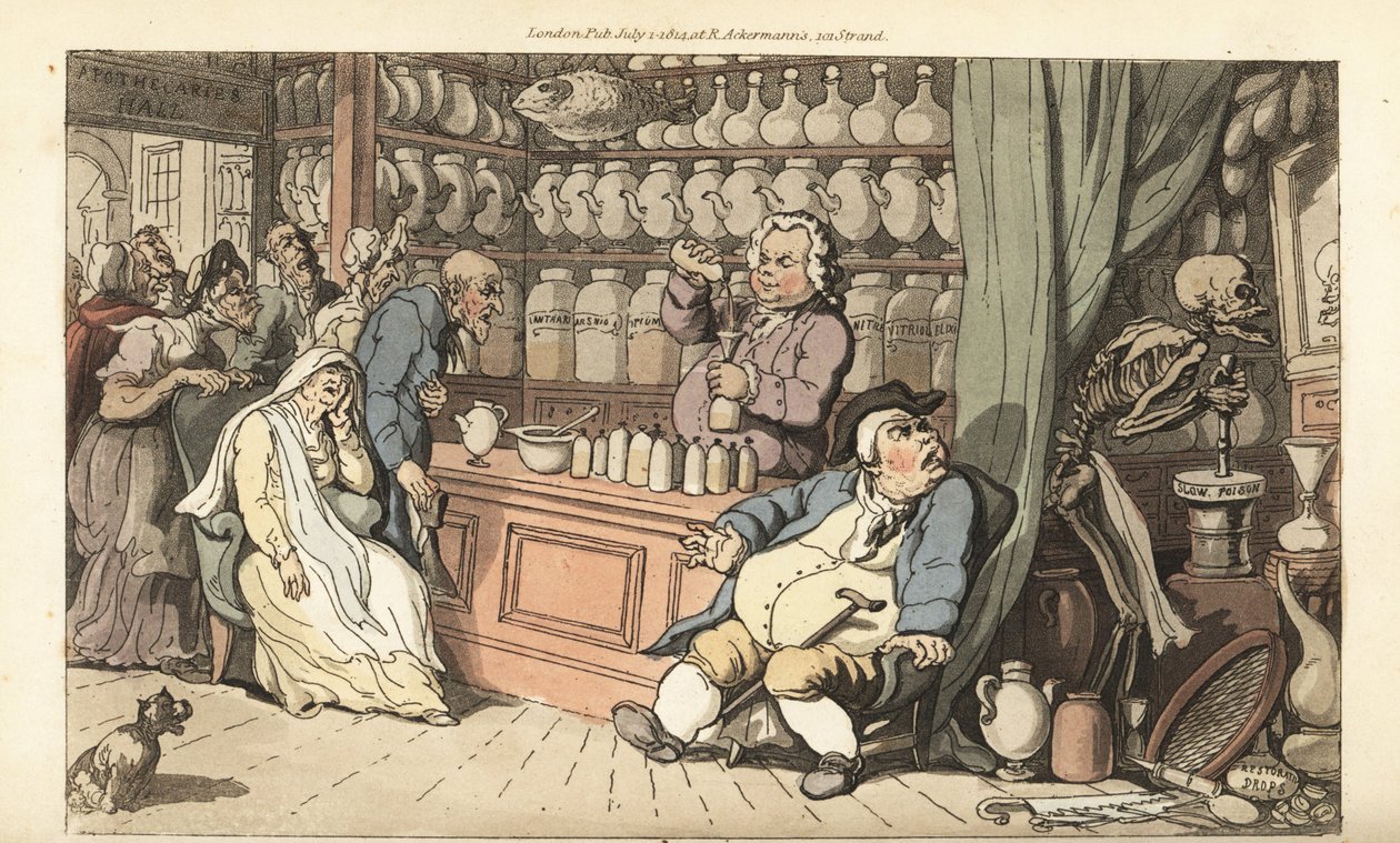 Dødens skjelett maler sakte gift i Quack Doctors butikk, mens kvakksalveren heller et dødelig middel i en flaske. Håndfarget kobberplate tegnet og gravert av Thomas Rowlandson fra The English Dance of Death, Ackermann, London av Thomas Rowlandson