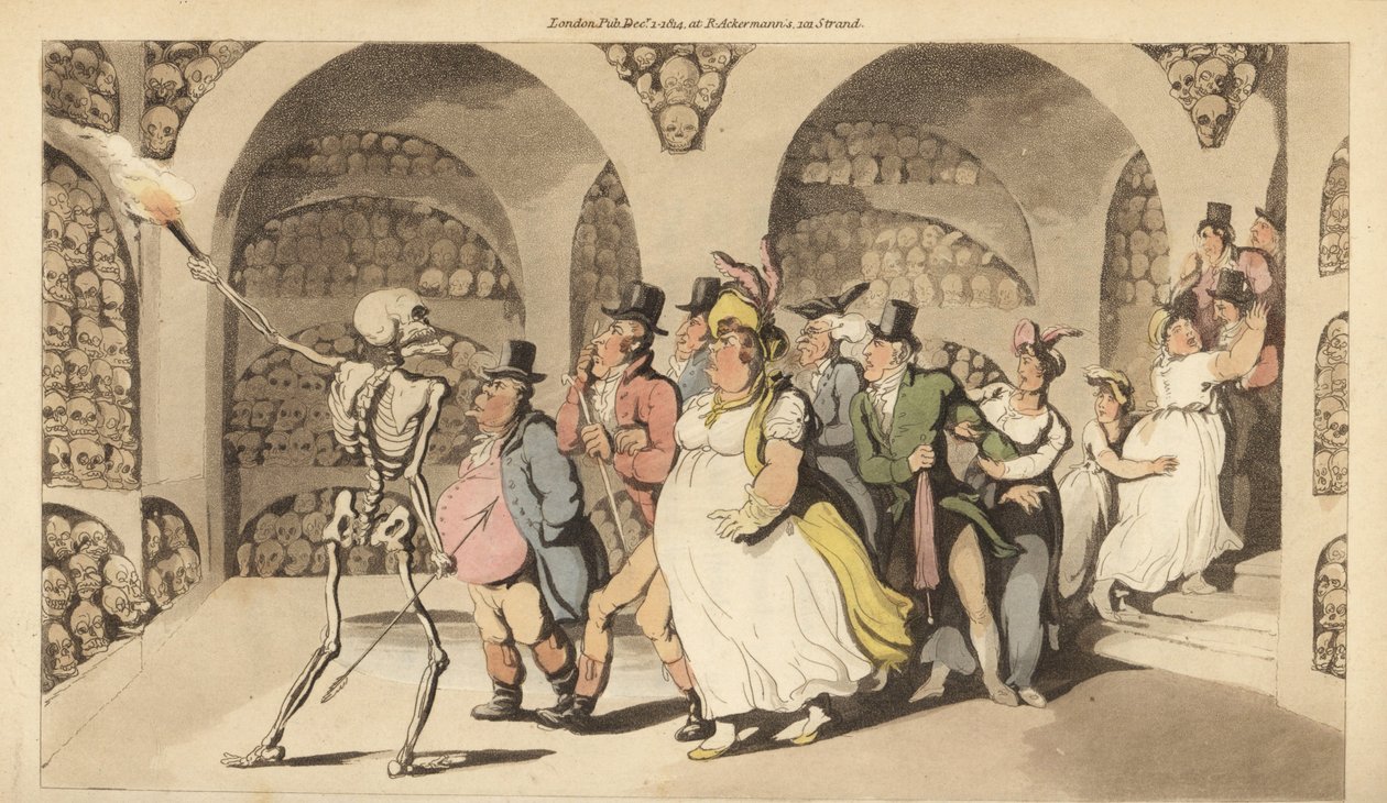 Dødens skjelett leder en gruppe turister gjennom katakombene i Paris. Håndfarget kobberplate tegnet og gravert av Thomas Rowlandson fra The English Dance of Death, Ackermann, London av Thomas Rowlandson