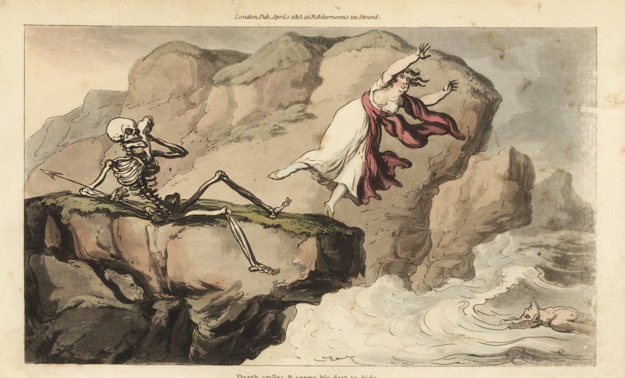 Dødens skjelett holder et lommetørkle til øyehulen hans mens en kvinne begår selvmord utenfor en klippe for å bli med sin druknede elsker. Håndfarget kobberplate tegnet og gravert av Thomas Rowlandson fra The English Dance of Death, Ackermann, London av Thomas Rowlandson