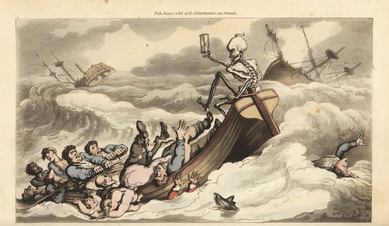 Dødens skjelett holder roret på en robåt som unnslipper et forlis, mens dens fortvilte mannskap ror mot kysten og passasjerer drukner i bølgene. Håndfarget kobberplate tegnet og gravert av Thomas Rowlandson fra The English Dance of Death, Ackermann av Thomas Rowlandson