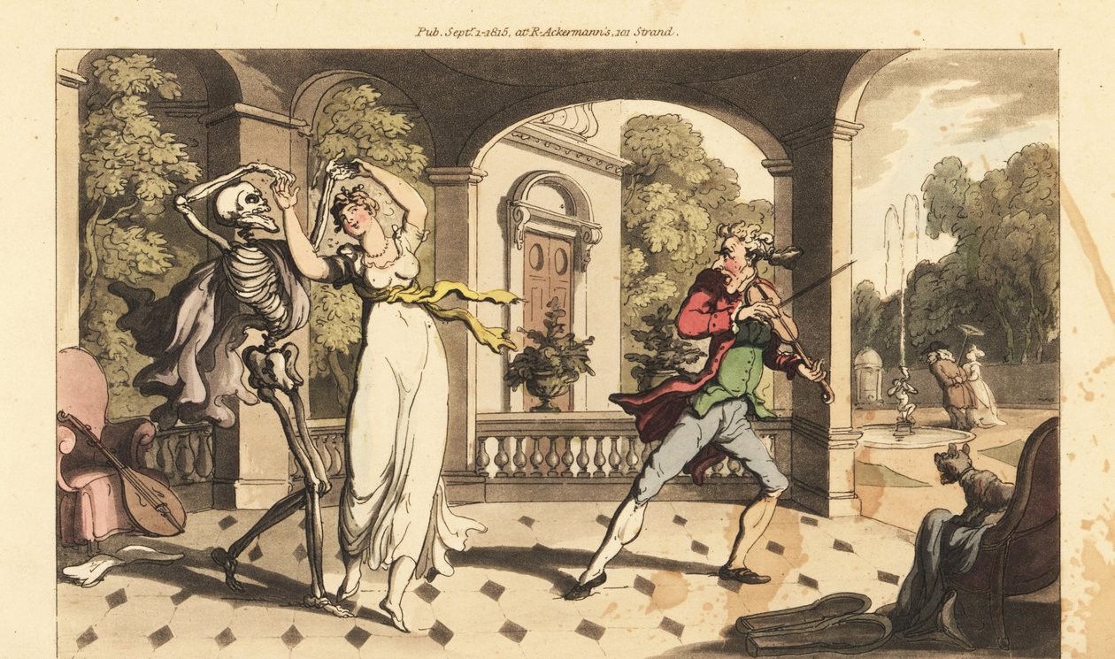 Skjelettet til Døden i en kappe danser en siste vals med skjøre Caelia, mens danselæreren hennes ser forferdet ut. Håndfarget kobberplate tegnet og gravert av Thomas Rowlandson fra The English Dance of Death, Ackermann, London av Thomas Rowlandson