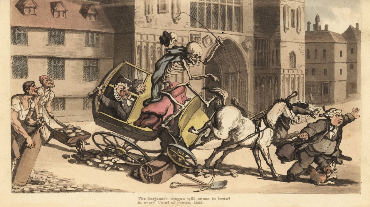 Skjelettet til Døden i kappe og lue kjører en tohestervogn mens den krasjer inn i veiarbeid og dreper passasjeren hans, en rettsoffiser. Håndfarget kobberplate tegnet og gravert av Thomas Rowlandson fra The English Dance of Death, Ackermann, London av Thomas Rowlandson