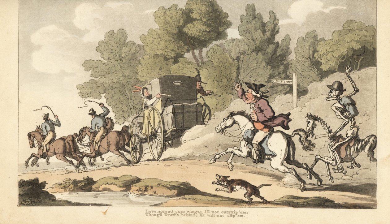 Skjelettet til Døden slutter seg til en rasende far mens han prøver å stoppe sin eneste datter fra å stikke av med en soldat i diligens til Gretna Green. Håndfarget kobberplate tegnet og gravert av Thomas Rowlandson fra The English Dance of Death, Ackerman av Thomas Rowlandson