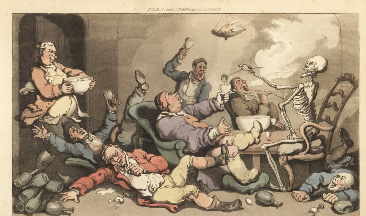 Skjelettet av Dødens øser slår inn i et glass av en Toastmaster med gikt på en hes georgisk drikkefest. Håndfarget kobberplate tegnet og gravert av Thomas Rowlandson fra The English Dance of Death, Ackermann, London av Thomas Rowlandson