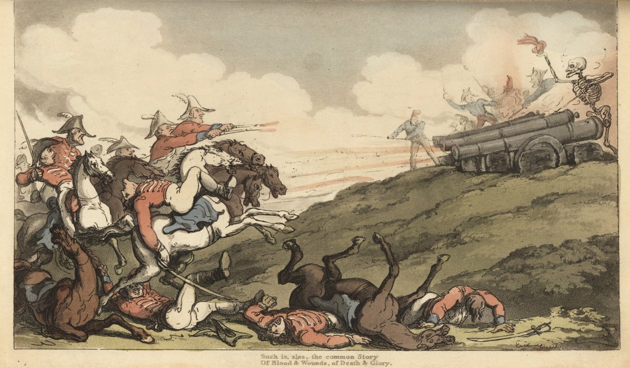 Dødens skjelett avfyrer en bølge av kanonild mot et engelsk kavaleriangrep. Håndfarget kobberplate tegnet og gravert av Thomas Rowlandson fra The English Dance of Death, Ackermann, London av Thomas Rowlandson