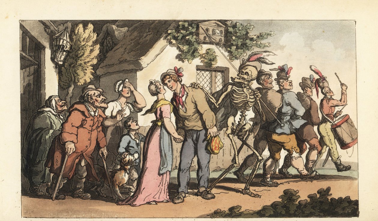 Dødens skjelett fører til at en ung rekrutt slutter seg til hæren, og etterlater jenta og familien hans. Håndfarget kobberplate tegnet og gravert av Thomas Rowlandson fra The English Dance of Death, Ackermann, London av Thomas Rowlandson
