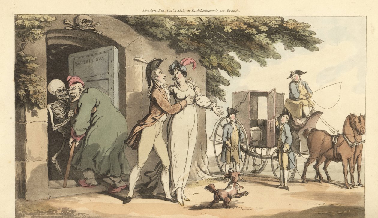 Dødens skjelett fører en gammel mann inn i et mausoleum, og lar den unge enken hans gifte seg på nytt. Håndfarget kobberplate tegnet og gravert av Thomas Rowlandson fra The English Dance of Death, Ackermann, London av Thomas Rowlandson