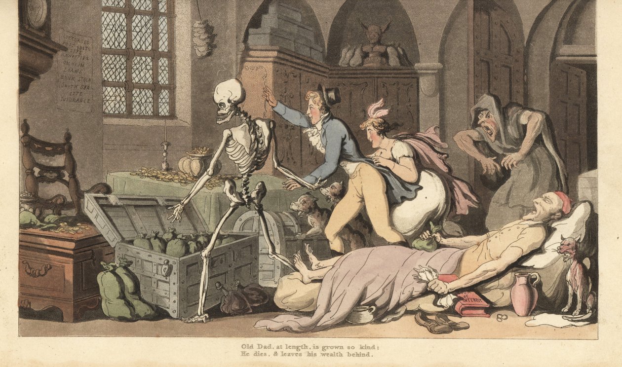 Dødens skjelett fører grådige barn til gullstammen til en gnier, som ligger død på en seng og holder et testamente og en pose med penger. Håndfarget kobberplate tegnet og gravert av Thomas Rowlandson fra The English Dance of Death, Ackermann, London av Thomas Rowlandson