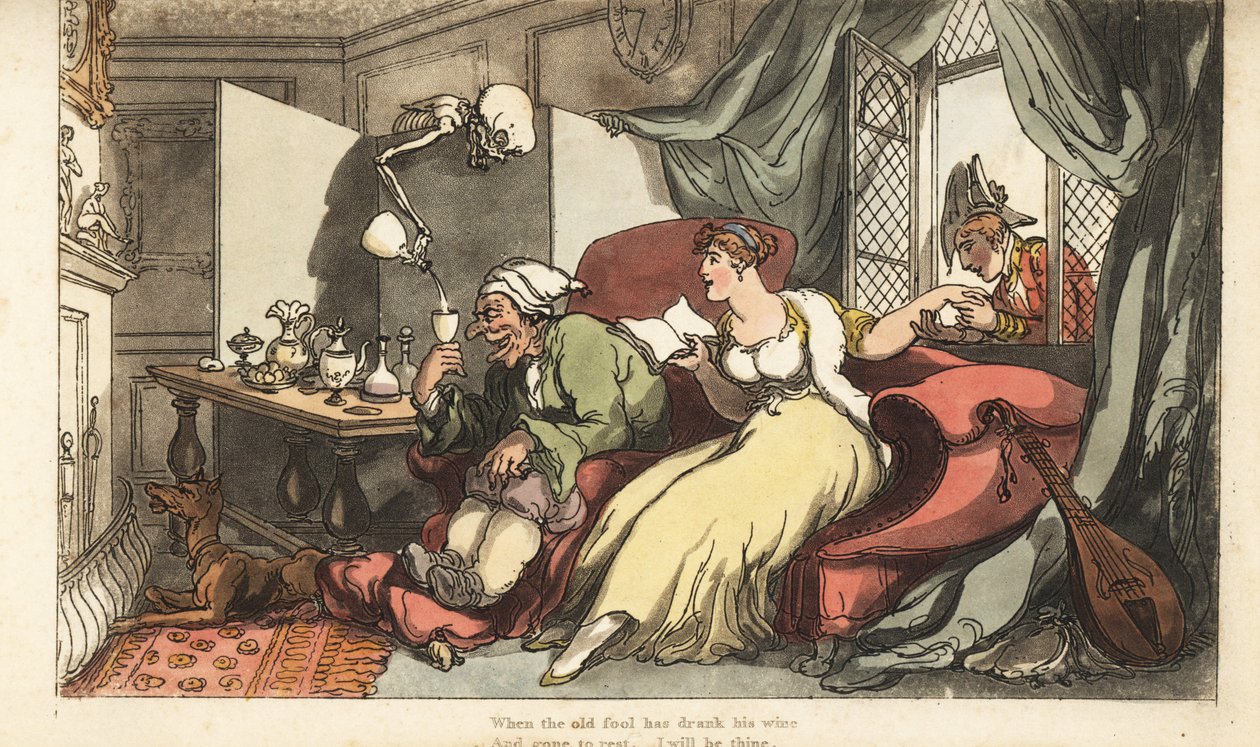 Dødens skjelett skjenker et fatalt glass vin for den gamle narren Sir Peter på bryllupsreisen, mens hans unge kone Julia flørter med major Henry ved vinduet. Håndfarget kobberplate tegnet og gravert av Thomas Rowlandson fra The English Dance of Death, A av Thomas Rowlandson
