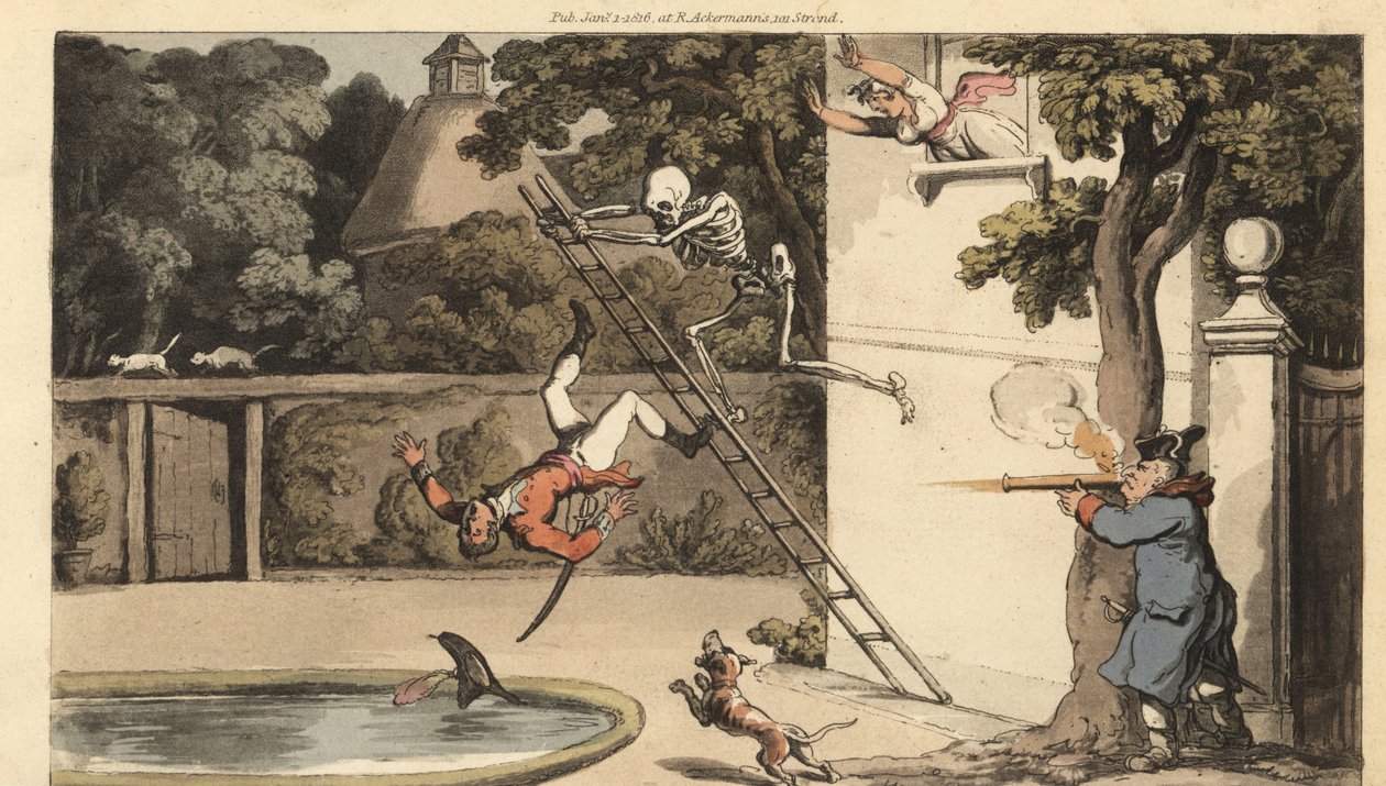 Dødens skjelett skyver en stige vekk fra en vegg og dreper en galant frier mens han prøver å stikke av med en skjønnhet. Jentas far skyter en muskett mot den fallende mannen. Håndfarget kobberplate tegnet og gravert av Thomas Rowlandson fra The English Dan av Thomas Rowlandson