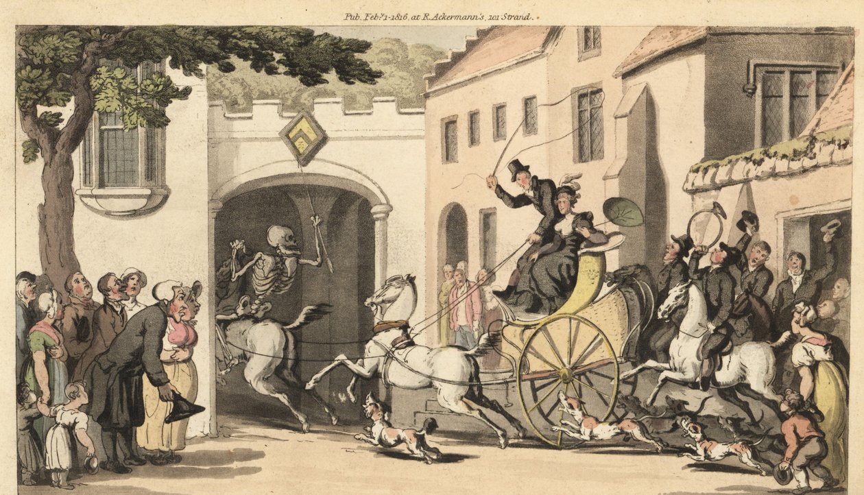 Dødens skjelett rir foran en høy tandem som bærer neste arving til sin undergang under en lav bue. Håndfarget kobberplate tegnet og gravert av Thomas Rowlandson fra The English Dance of Death, Ackermann, London av Thomas Rowlandson