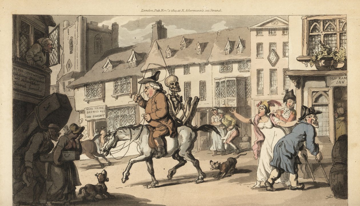 Skjelettet til Døden rir på en hest med en kvaksalverdoktor, mens bare landsbybegraveren beklager hans død. Håndfarget kobberplate tegnet og gravert av Thomas Rowlandson fra The English Dance of Death, Ackermann, London av Thomas Rowlandson