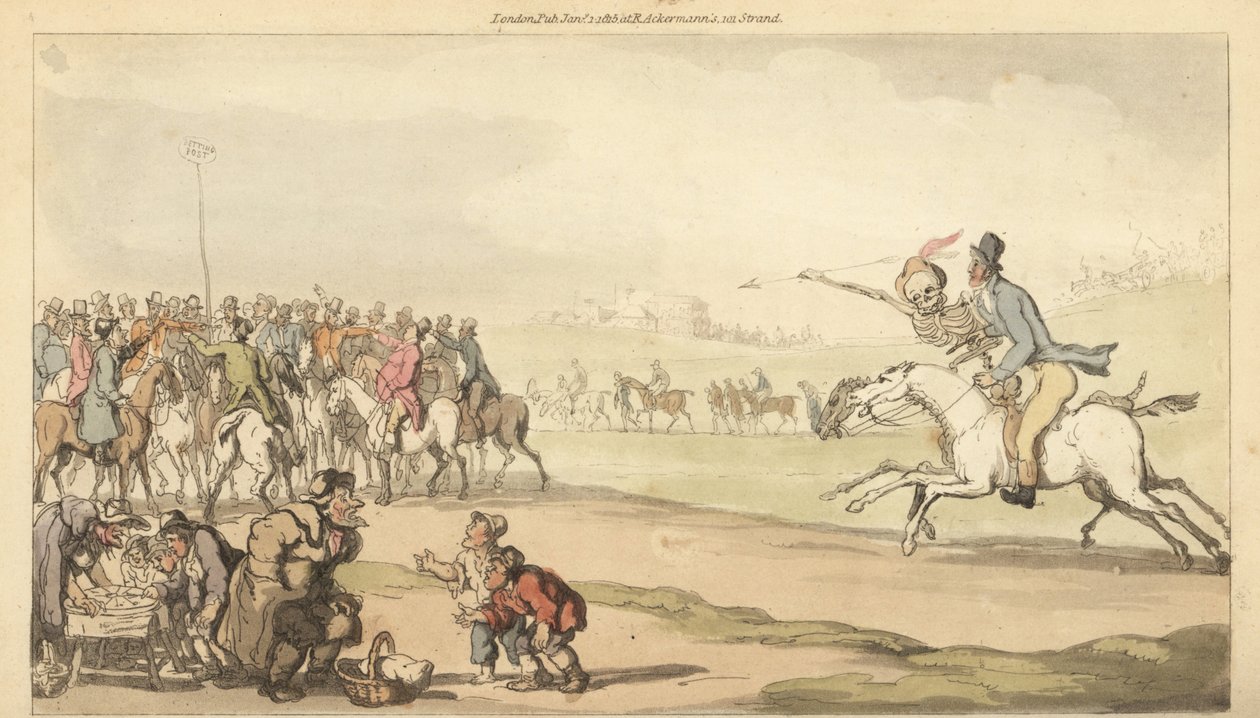 Dødens skjelett rir med en mann mot tippeposten på en veddeløpsbane, mens barn spiller et parti lotto. Håndfarget kobberplate tegnet og gravert av Thomas Rowlandson fra The English Dance of Death, Ackermann, London av Thomas Rowlandson