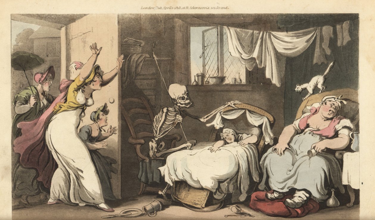 Dødens skjelett vugger i vuggen til en baby mens barnepiken sover og den fortvilte moren kommer hjem. Håndfarget kobberplate tegnet og gravert av Thomas Rowlandson fra The English Dance of Death, Ackermann, London av Thomas Rowlandson