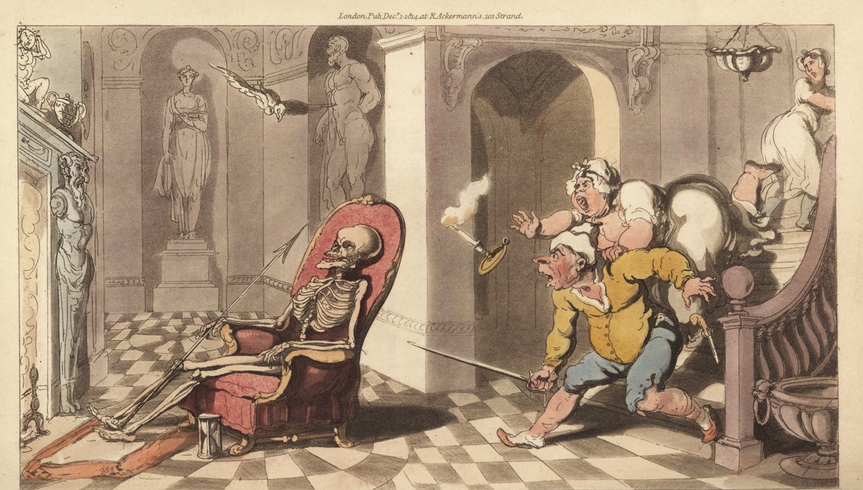 Dødens skjelett sitter i portnerstolen til et flott hus, mens de livredde tjenerne kommer ned trappene for å undersøke. Håndfarget kobberplate tegnet og gravert av Thomas Rowlandson fra The English Dance of Death, Ackermann, London av Thomas Rowlandson
