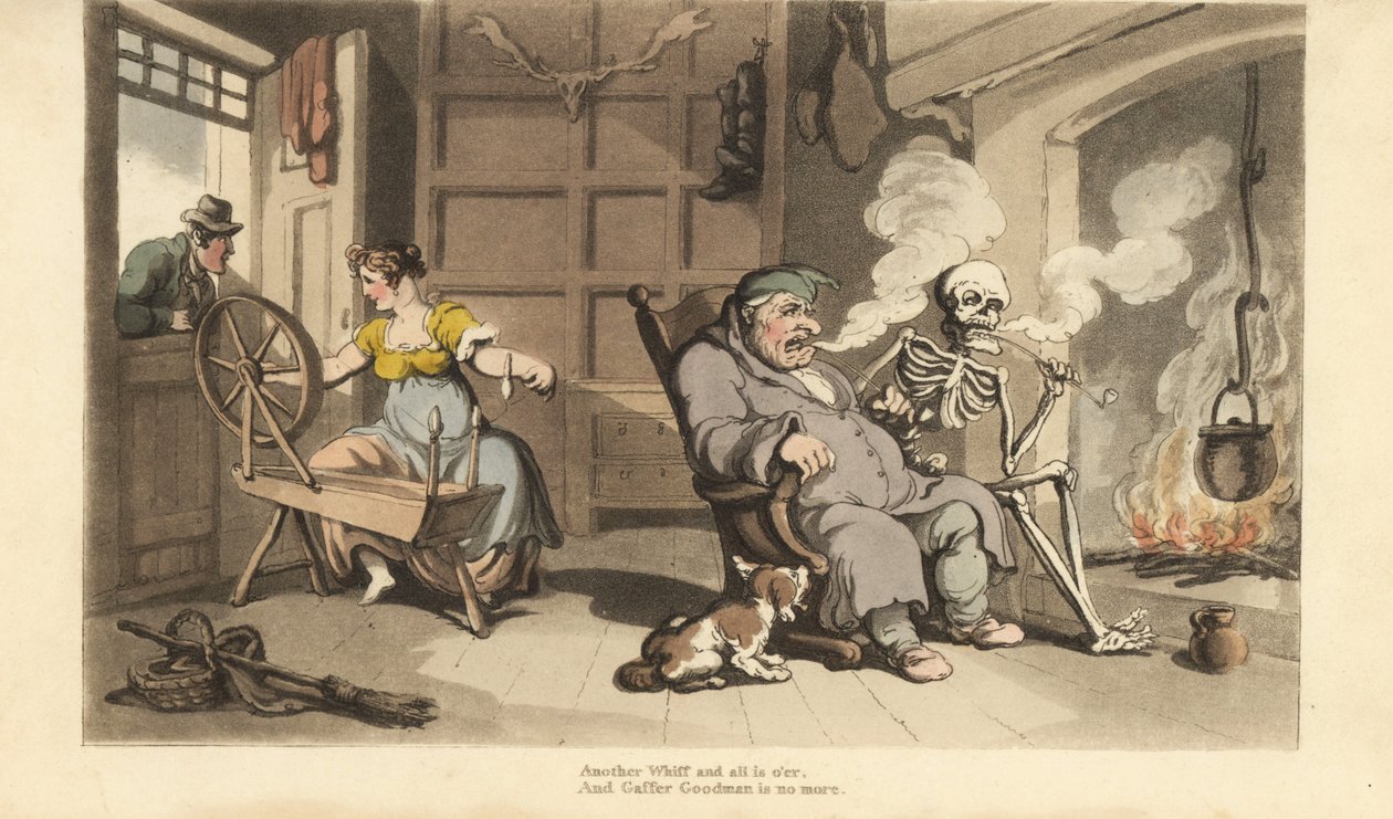 Skjelettet til Døden ryker pipe ved peisen med gamle Gaffer Goodman, mens hans unge kone blir forført av en frier ved vinduet. Håndfarget kobberplate tegnet og gravert av Thomas Rowlandson fra The English Dance of Death, Ackermann, London av Thomas Rowlandson