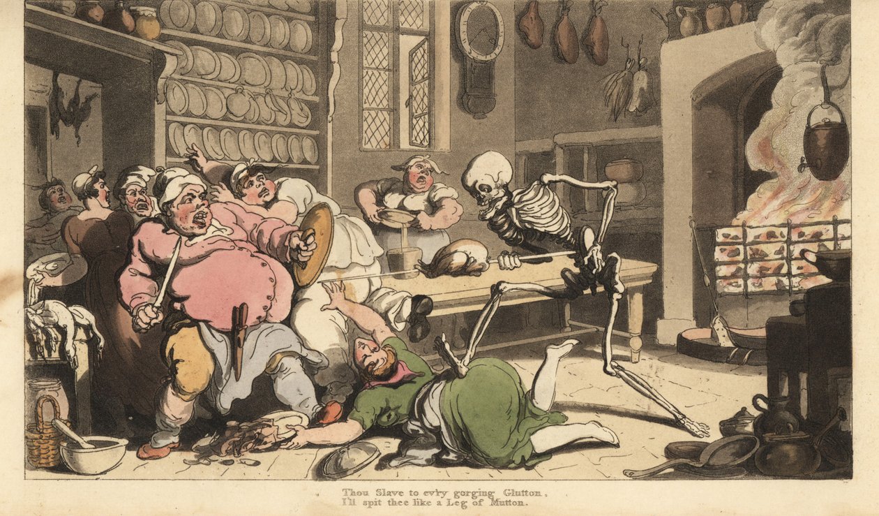 Dødens skjelett stikker en feit kokk i hjel med et spyd som holder en stekt kylling. Håndfarget kobberplate tegnet og gravert av Thomas Rowlandson fra The English Dance of Death, Ackermann, London av Thomas Rowlandson