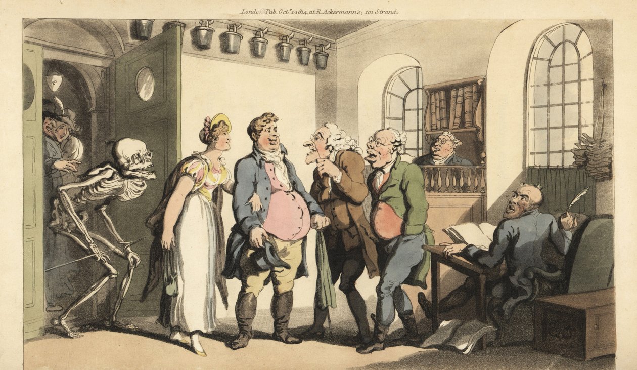 Skjelettet til Døden overrasker Ned Freeman når han besøker forsikringskontoret, og etterlater enken hans med en enorm sum. Håndfarget kobberplate tegnet og gravert av Thomas Rowlandson fra The English Dance of Death, Ackermann, London av Thomas Rowlandson