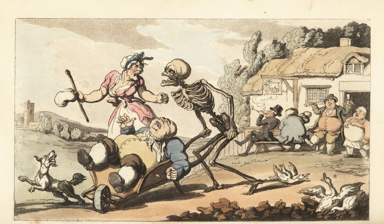 Skjelettet til Døden tar bort den fulle Sot i en trillebår, mens andre fylliker gleder seg foran The Goat pub. Håndfarget kobberplate tegnet og gravert av Thomas Rowlandson fra The English Dance of Death, Ackermann, London av Thomas Rowlandson