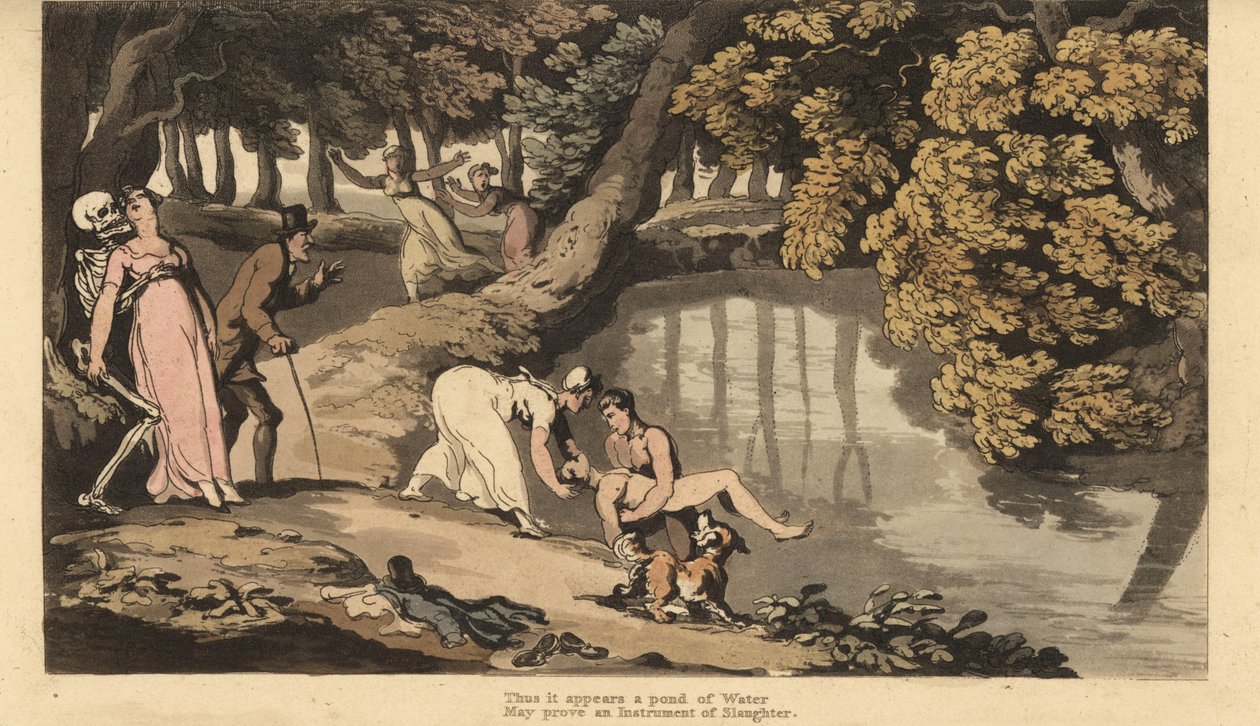 Dødens skjelett tar moren mens hun er vitne til sønnens livløse kropp hentet fra en innsjø. Håndfarget kobberplate tegnet og gravert av Thomas Rowlandson fra The English Dance of Death, Ackermann, London av Thomas Rowlandson