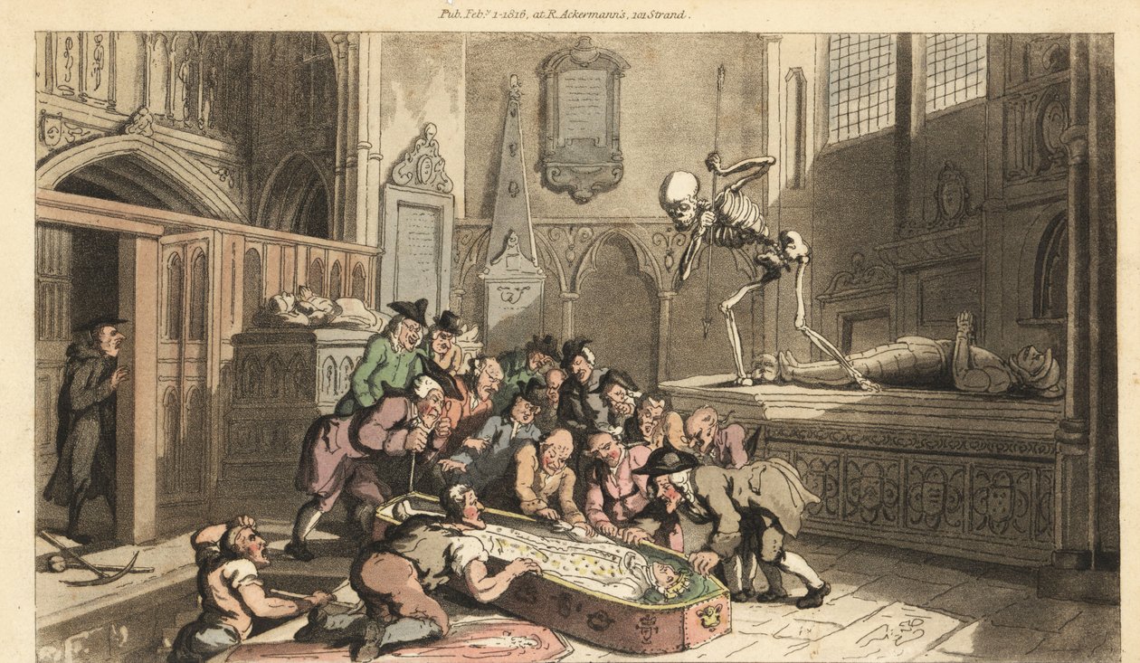 Dødens skjelett ser på antikvarier grave opp en konges lik fra en krypt i en kirke. Håndfarget kobberplate tegnet og gravert av Thomas Rowlandson fra The English Dance of Death, Ackermann, London av Thomas Rowlandson