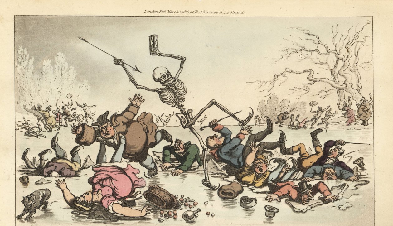 Dødens skjelett med dart og timeglass på skøyter på en frossen dam mens andre skatere faller gjennom den knuste isen. Håndfarget kobberplate tegnet og gravert av Thomas Rowlandson fra The English Dance of Death, Ackermann, London av Thomas Rowlandson