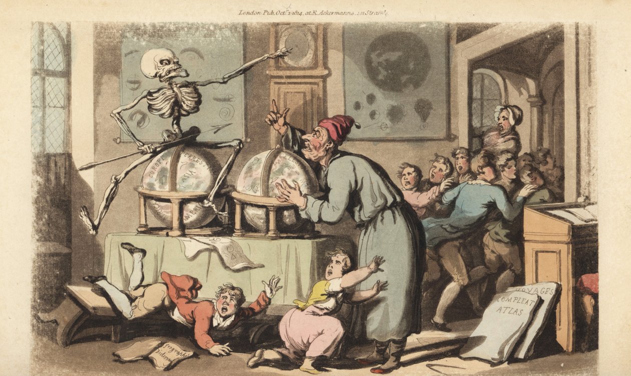 Skjelettet til Døden med pilen hans kommer for en skolemester mens han underviser i astronomi til en klasse barn som flykter i redsel. Håndfarget kobberplate tegnet og gravert av Thomas Rowlandson fra The English Dance of Death, Ackermann, London av Thomas Rowlandson