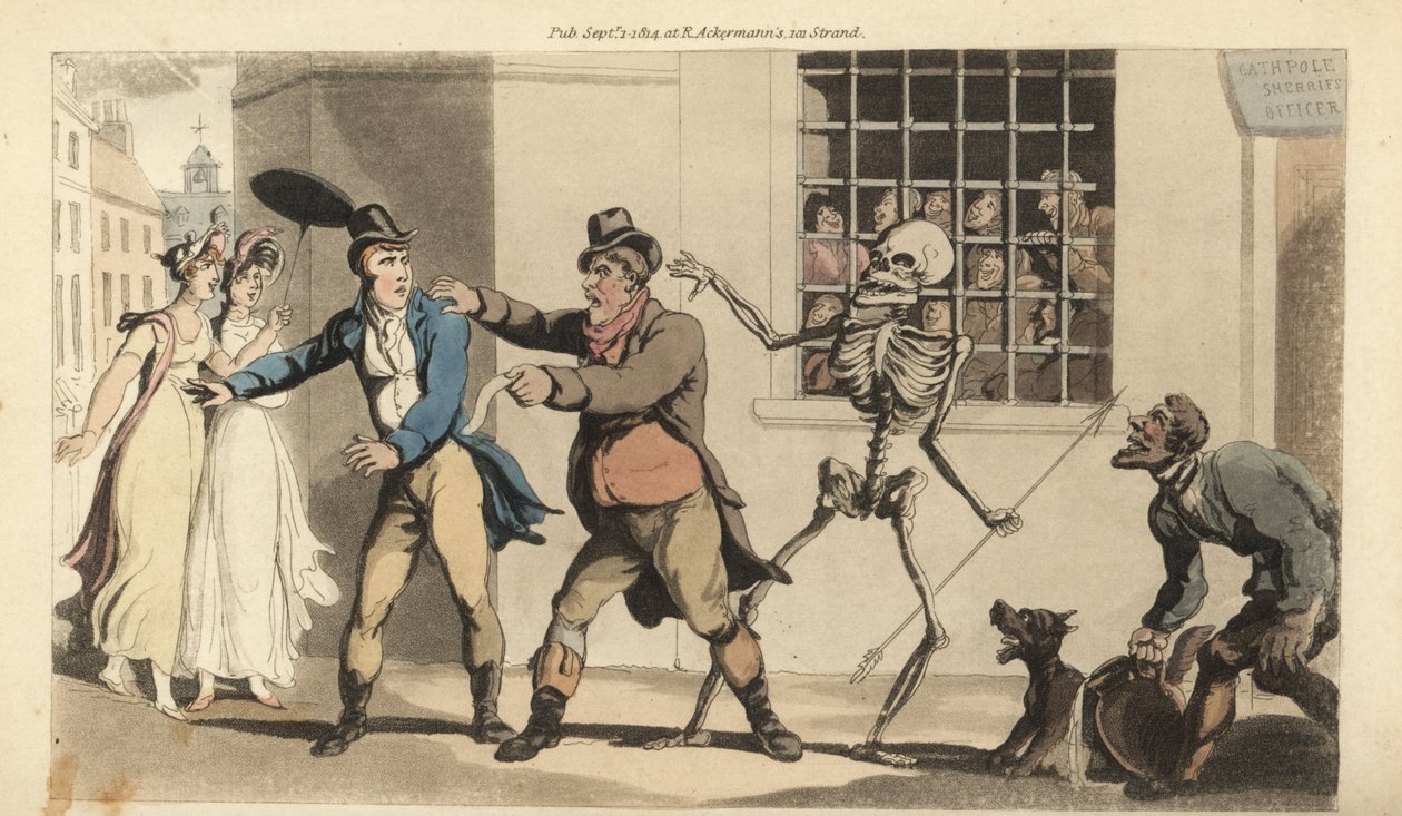 Skjelettet til Døden med pilen hans tar en Catchpole mens han prøver å kreve inn en gjeld fra en herremann i en gate, mens mange andre skyldnere ser bak murene på sherifens kontor. Håndfarget kobberplate tegnet og gravert av Thomas Rowlandson fra av Thomas Rowlandson