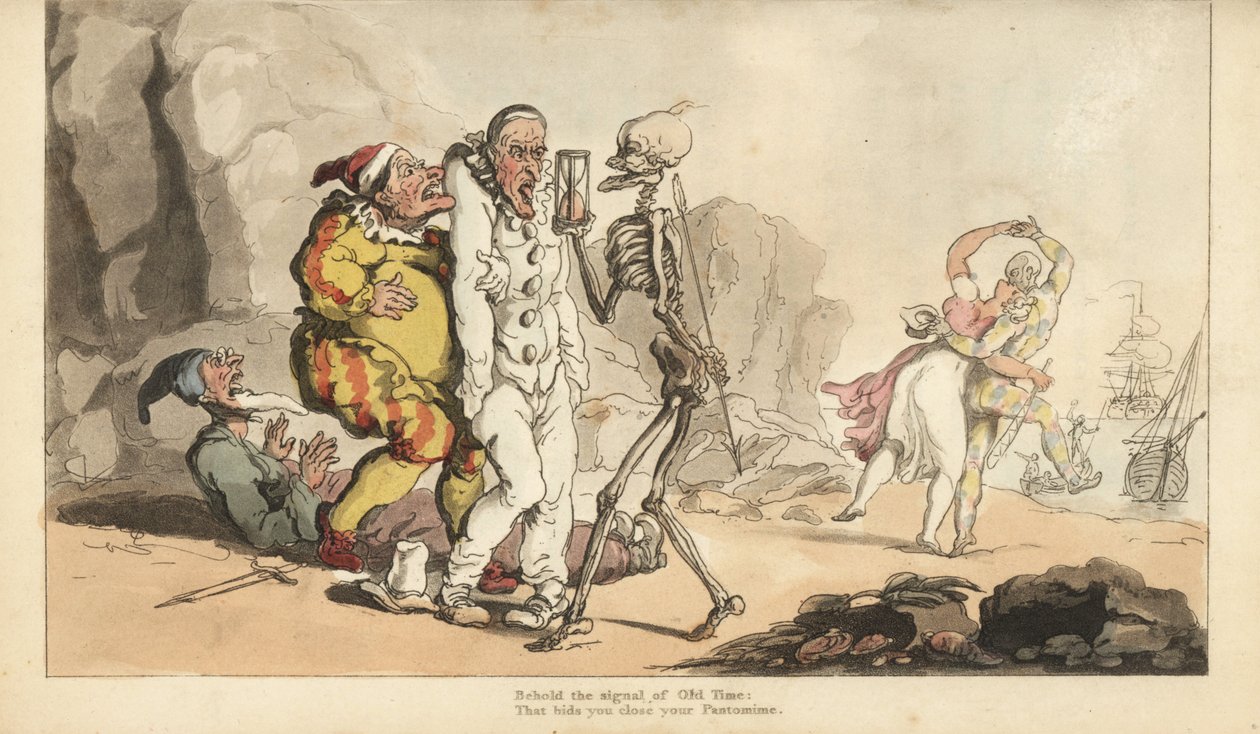 Dødens skjelett med timeglass og dart kommer for en pjerrot og andre klovner, mens en harlekin danser med en kvinne på en strand. Håndfarget kobberplate tegnet og gravert av Thomas Rowlandson fra The English Dance of Death, Ackermann, London av Thomas Rowlandson