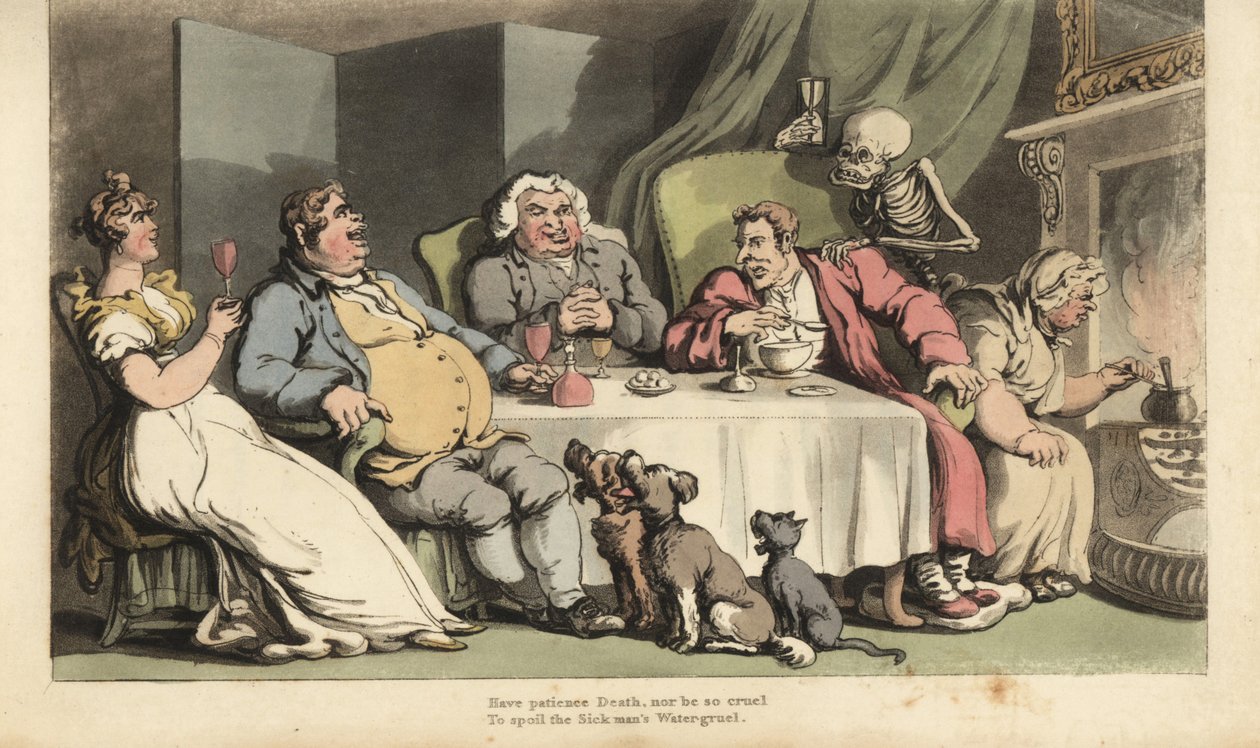 Skjelettet til Døden med timeglass kommer for den syke mannen mens han spiser velling ved spisebordet sammen med drikkekompisene foran peisen. Håndfarget kobberplate tegnet og gravert av Thomas Rowlandson fra The English Dance of Death, Ackerman av Thomas Rowlandson
