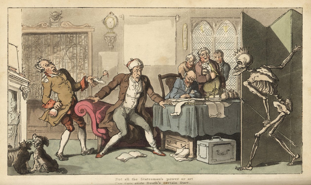 Statsmannen på kontoret hans er overrasket over skjelettfiguren Døden med kronen og pilen som dukker opp bak en skjerm. Håndfarget kobberplate tegnet og gravert av Thomas Rowlandson fra The English Dance of Death, Ackermann, London av Thomas Rowlandson
