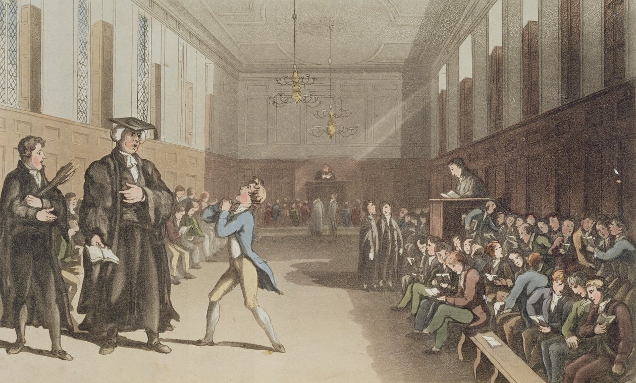 Den strenge læreren, med sitt truende nikk, kaller inn den kloke korrigeringen av stangen, fra A Compendious Treatise on Modern Education, 1802 (håndfarget etset plate) av Thomas Rowlandson