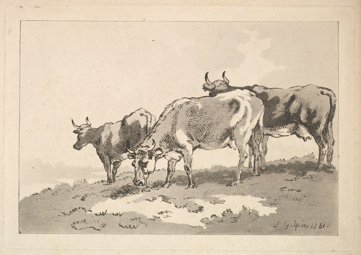 Tre kyr som står på åsryggen, 1784-87. av Thomas Rowlandson