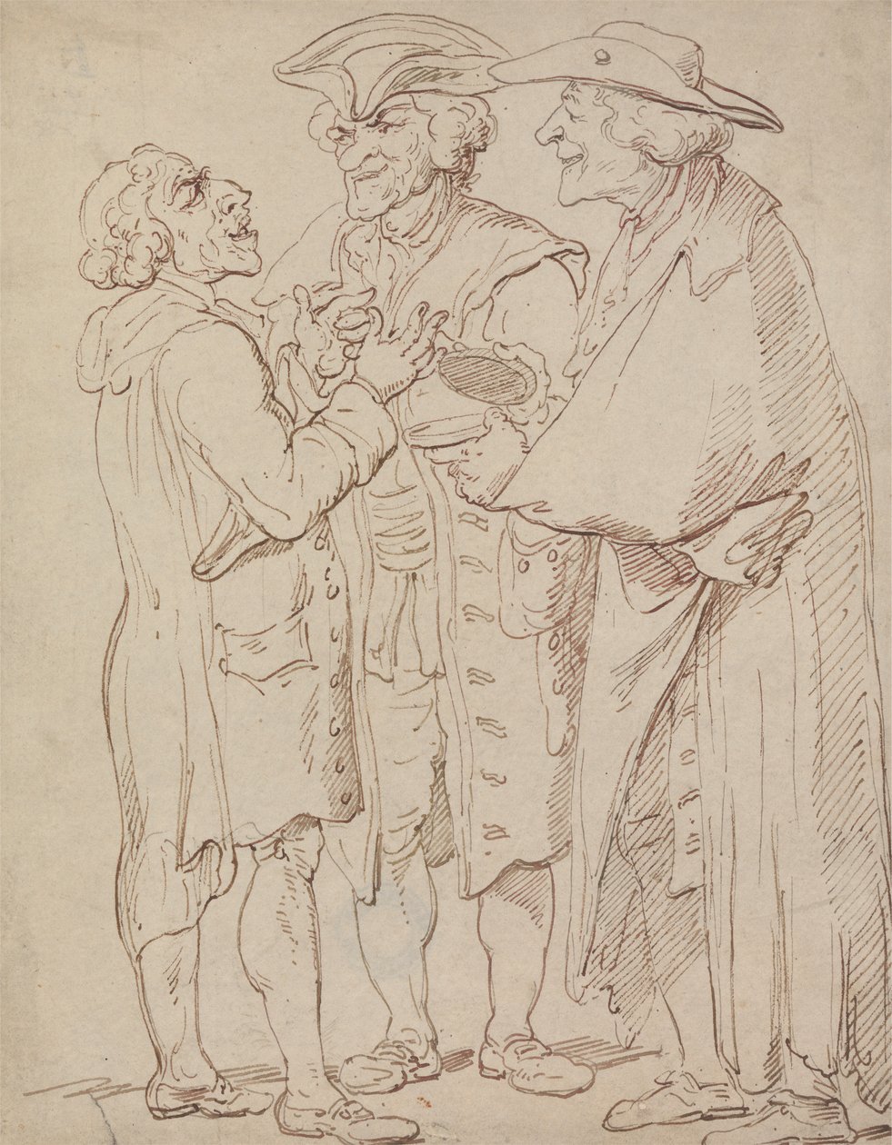 Tre figurer i full lengde av menn som snakker av Thomas Rowlandson