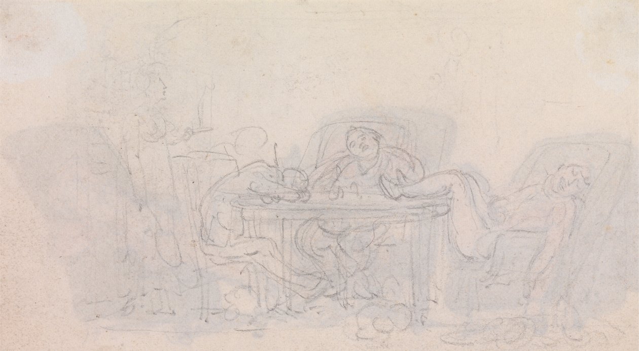 Tre idrettsutøvere sover ved bordet i stolene sine av Thomas Rowlandson
