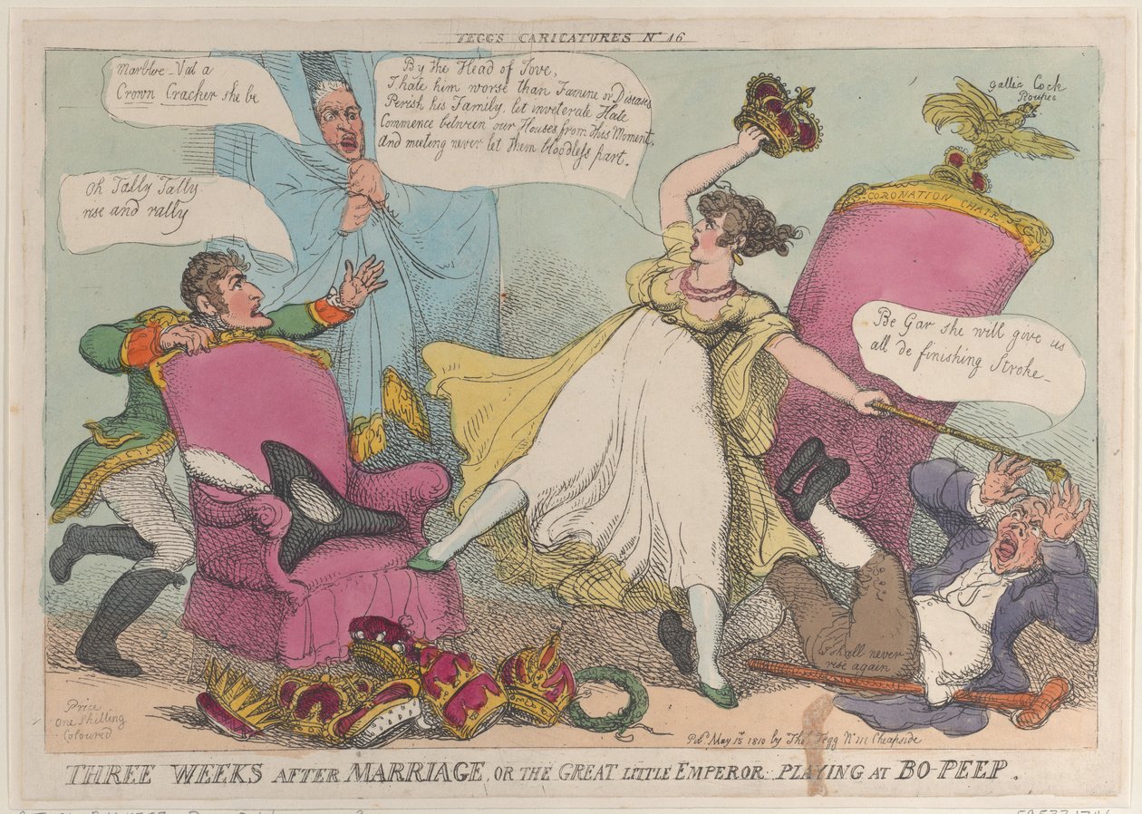 Tre uker etter ekteskapet, eller den store lille keiseren som spiller på Bo-Peep, 15. mai..., 15. mai 1810. av Thomas Rowlandson