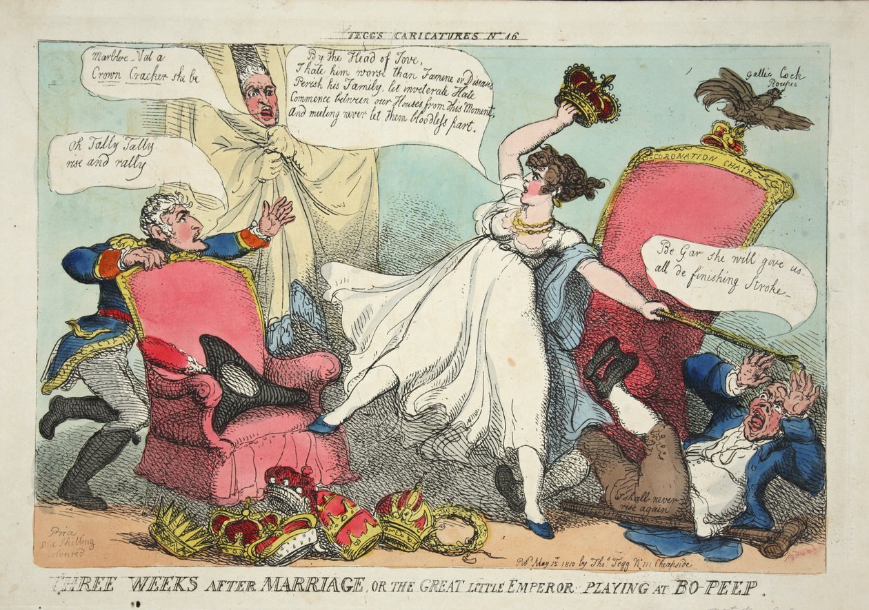 Tre uker etter ekteskapet, eller den store lille keiseren som spiller Bo-Peep, pub. 1810 (håndfarget gravering) av Thomas Rowlandson