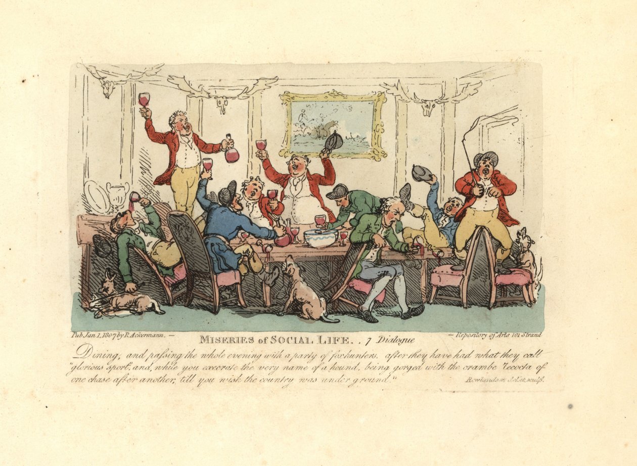 Sliten og beruset mann på et heseblesende middagsselskap med revejegere. av Thomas Rowlandson