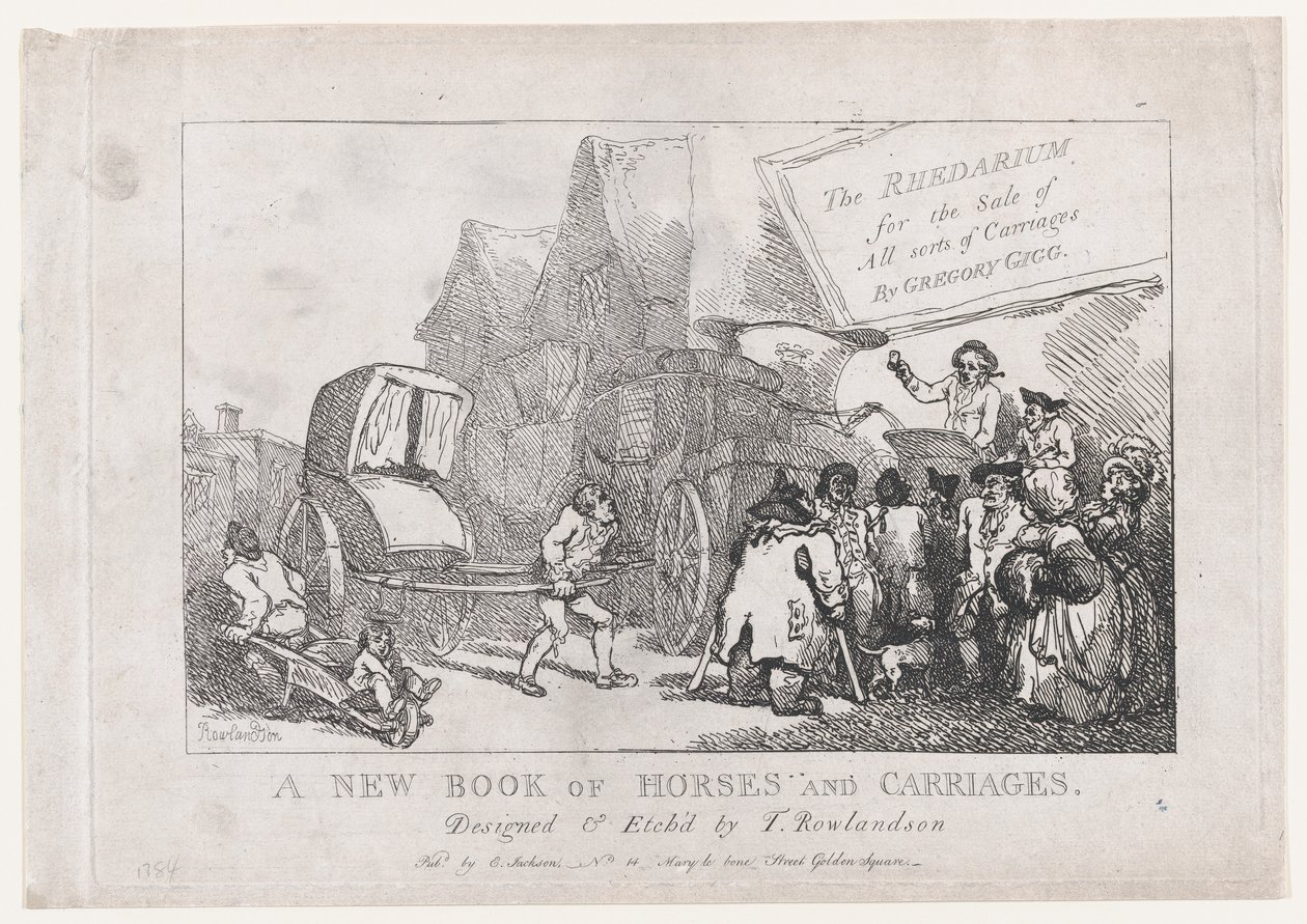 Tittelside: En ny bok med hester og vogner, eller, Rhedarium for salg av alle slags..., 1784. av Thomas Rowlandson