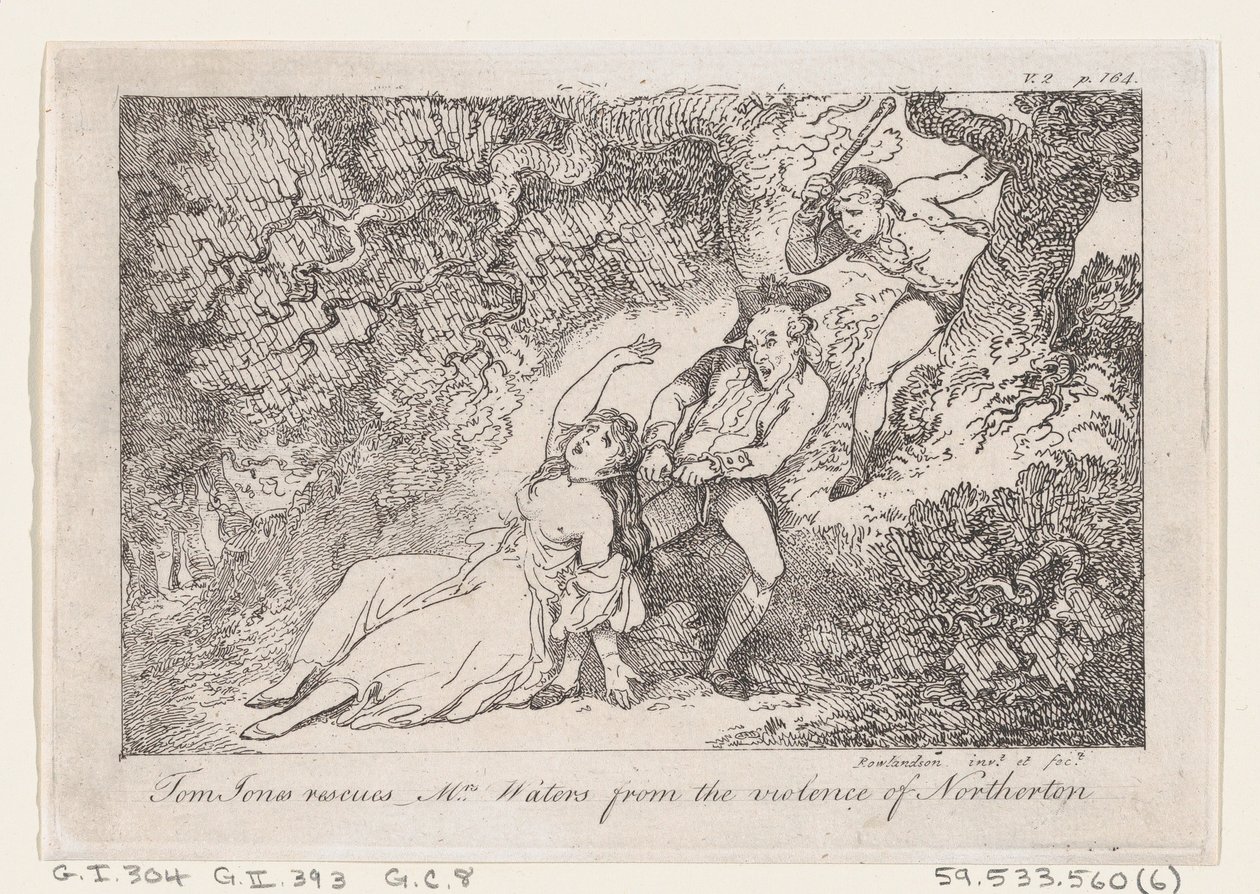 Tom Jones redder fru Waters fra volden til Northerton, fra The History of Tom Jon..., 1792. av Thomas Rowlandson