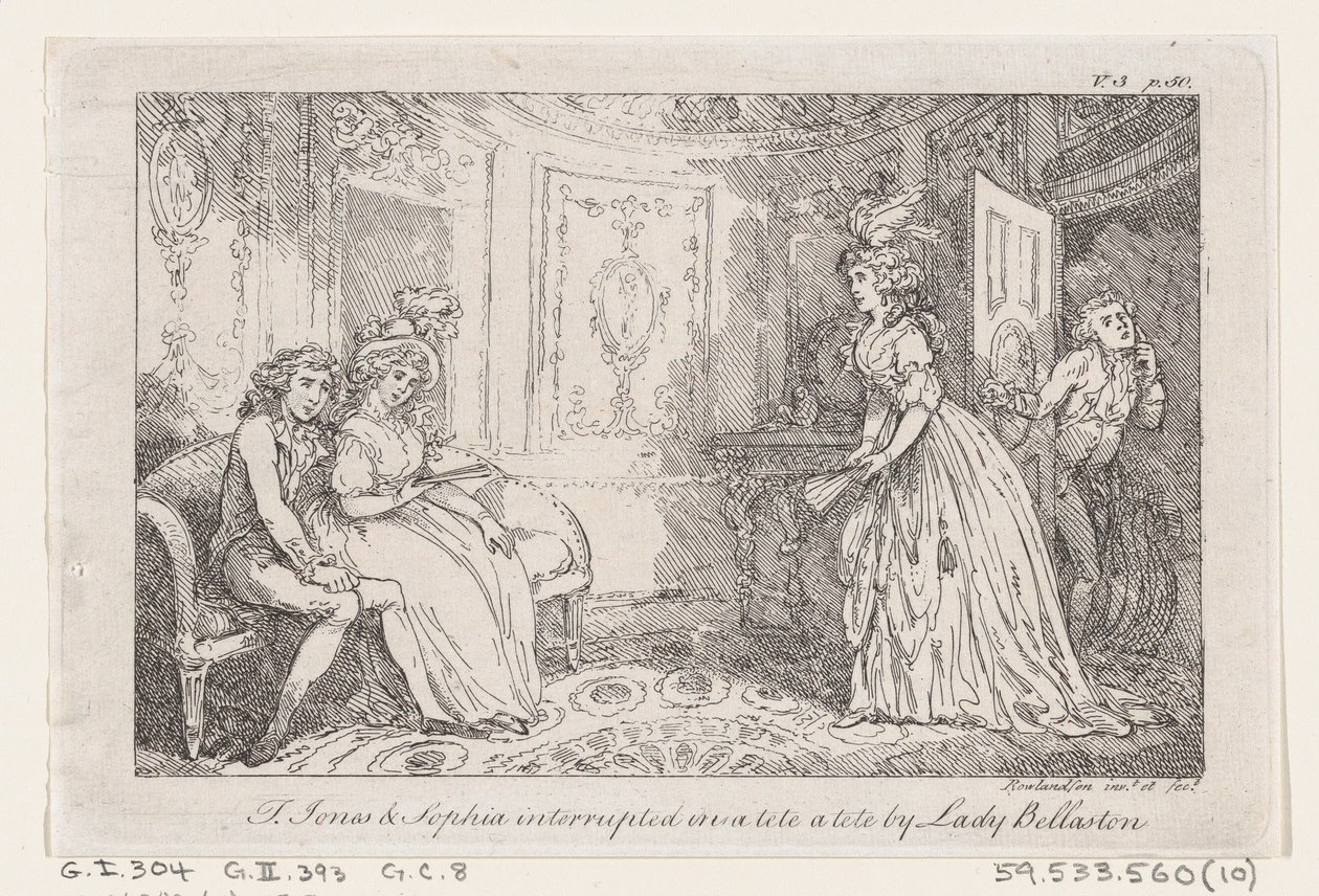 Tom Jones & Sophia avbrøt i en tete en tete av Lady Bellaston, fra The History of To..., 1792. av Thomas Rowlandson