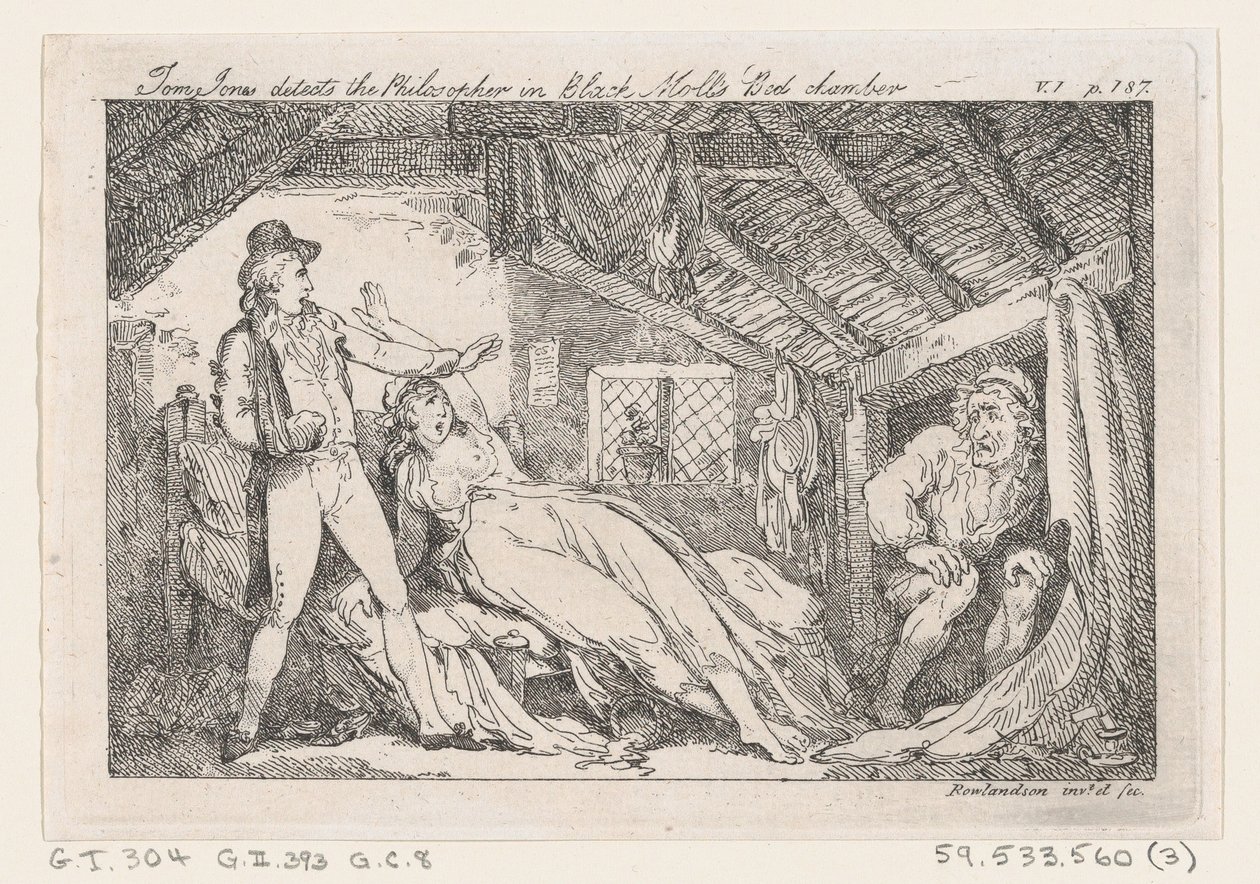 Tom Jones oppdager filosofen i Black Molls Bedchamber, The History of Tom Jones, en ..., 1792. av Thomas Rowlandson