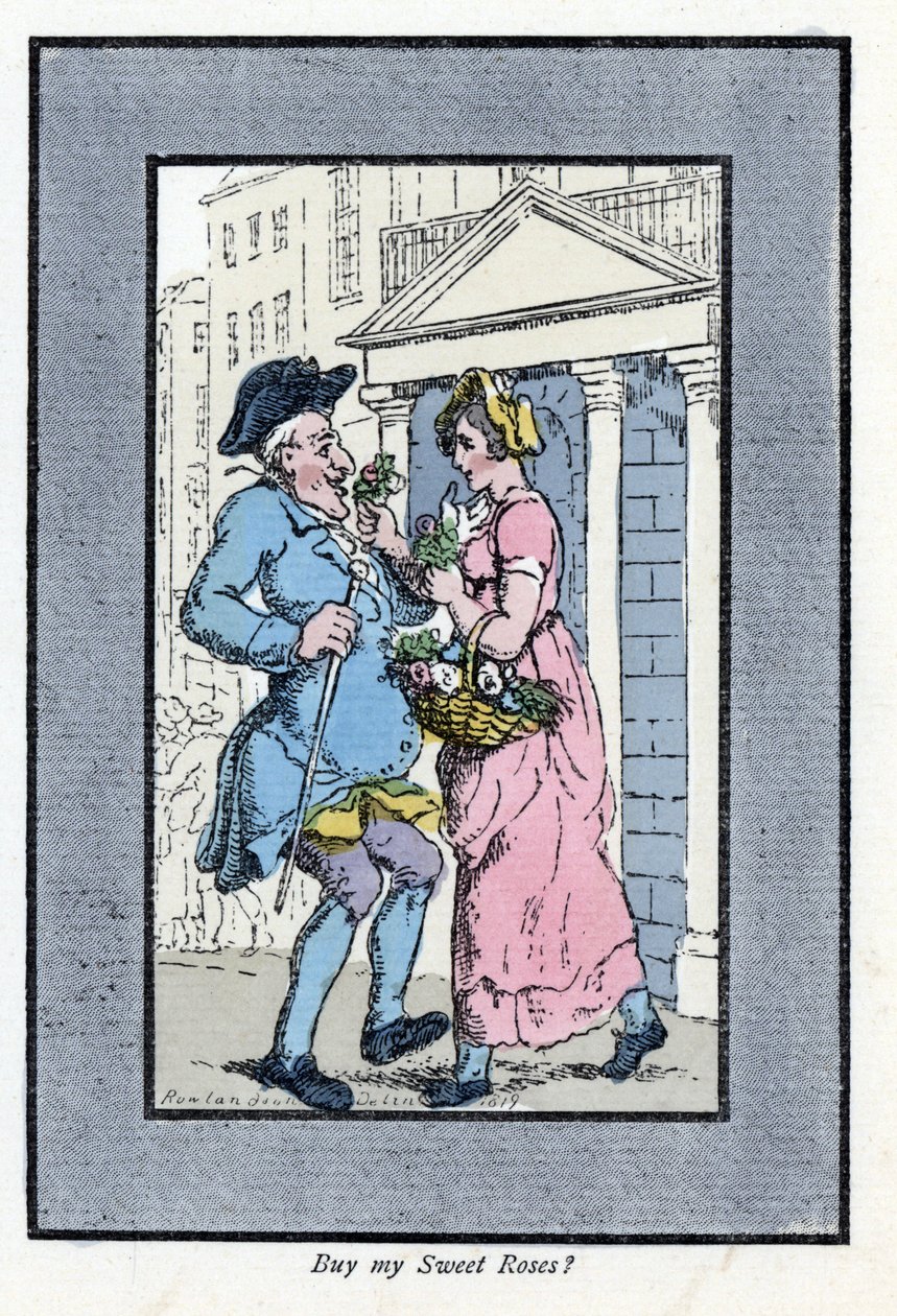 Omreisende blomsterselger, nærmer seg en smilende herre med en liten bukett roser (1819). Tregravering, basert på et maleri av Thomas Rowlandson (1756-1827), utgitt i The Cris of London: med seks sjarmerende barn og nesten 40 illustrasjoner, b. av Thomas Rowlandson