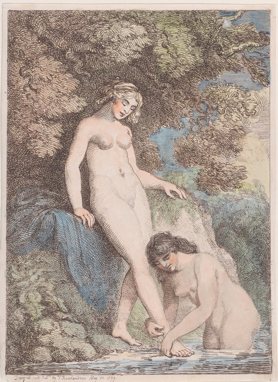 To nymfer som bader, den ene vasker den andres fot, 20. mai 1799., 20. mai 1799. av Thomas Rowlandson